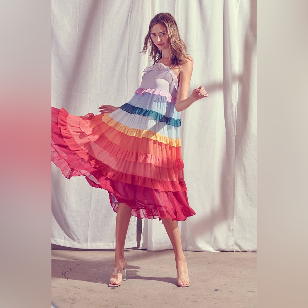 Storia Rainbow Ruffles Maxi Dress